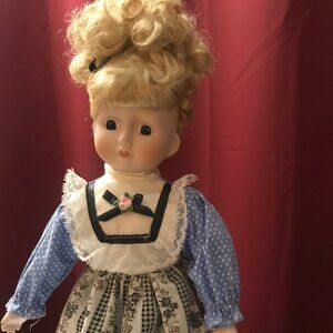 1990s Kaiser Chicago 18" Blonde Porcelain Doll.  Blue white dress. GUC